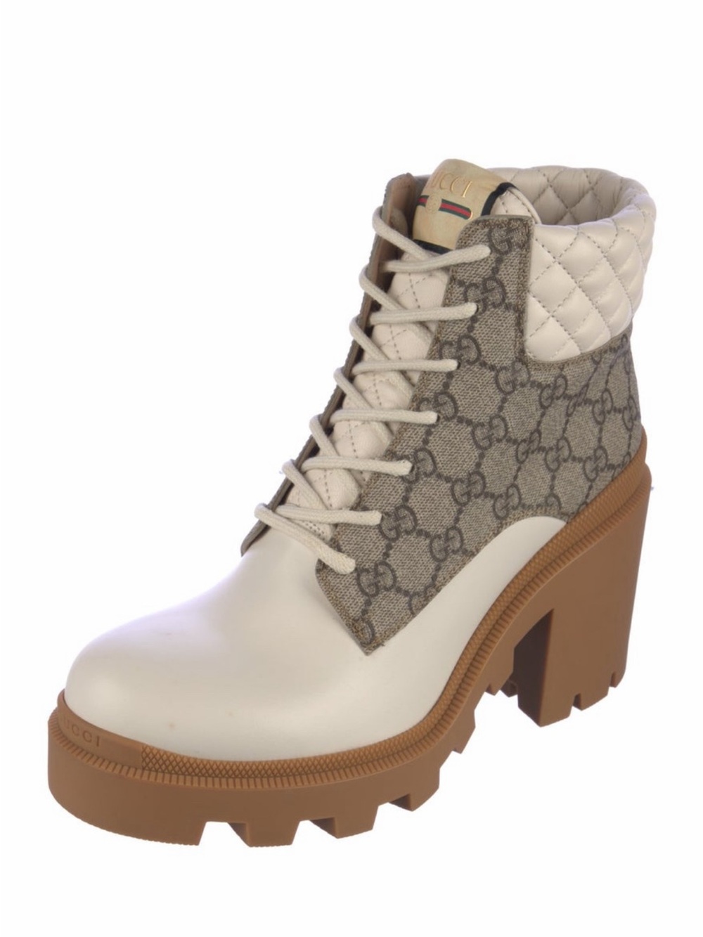 NWT Gucci White Leather & Beige GG Canvas Lug Heel Ankle Boot US 12